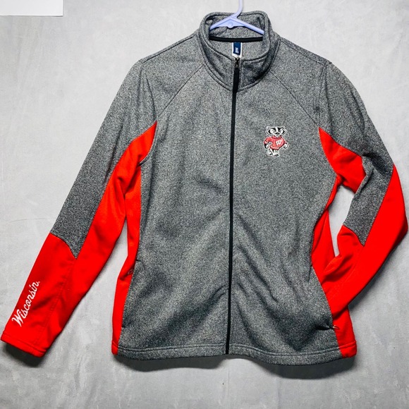 Gear for Sports Wisconsin Badgers Full Zip Fleece Jacket Adult Large Gray Red - Picture 1 of 13